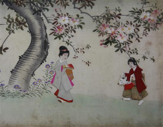 Three Chinese pith paintings, two embroidered pictures and a Japanese painting, 19th / 20th century, largest image 27.5 x 18cm